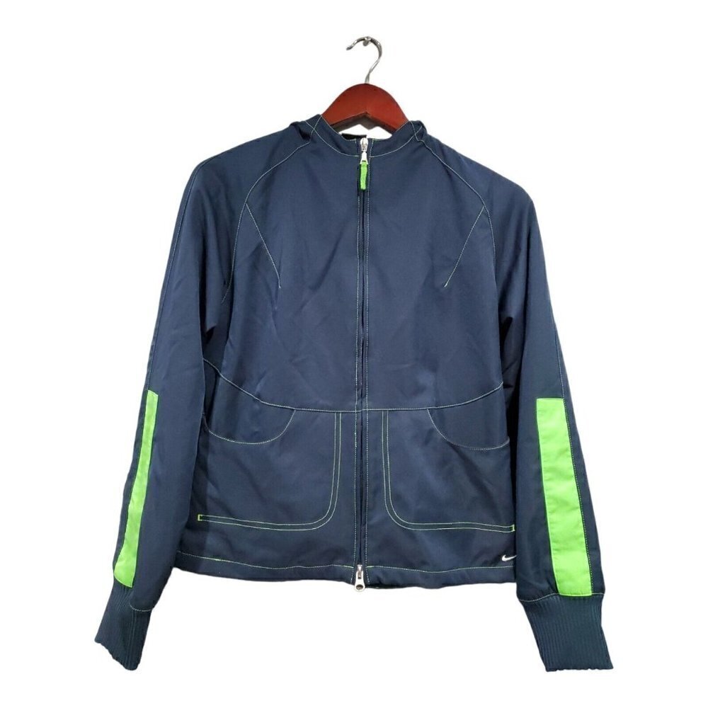 Nike Women's Full Zip Mesh-Lined Hooded Windbreaker Jacket Navy & Green Sz 4-6 S